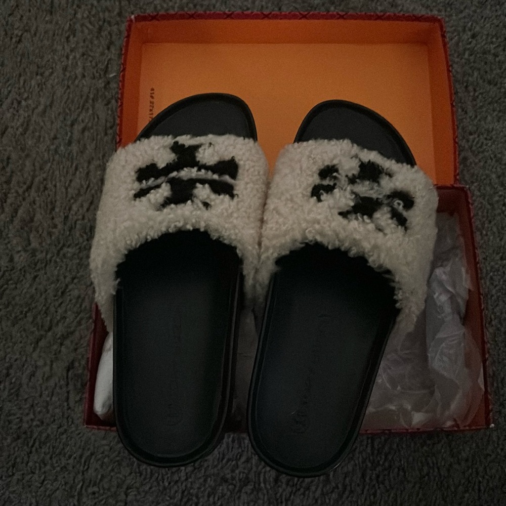 Tory Burch Black and Cream Shearling Mules